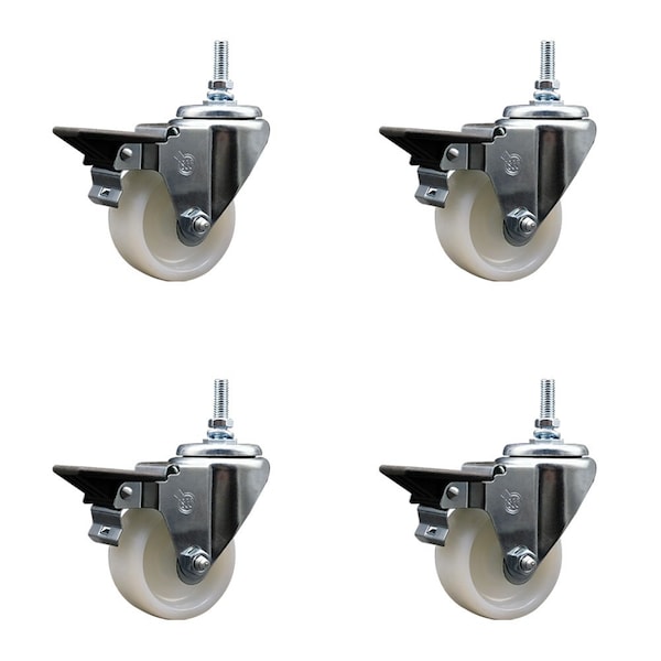 3 Inch Nylon 38 Inch Threaded Stem Caster Set with Brake